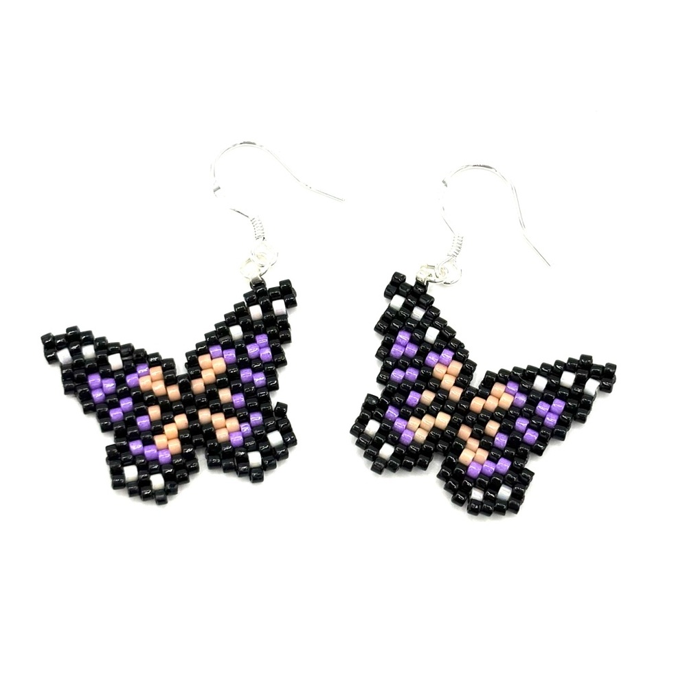 Hand Crafted Butterfly Beaded Earrings Black and Purple